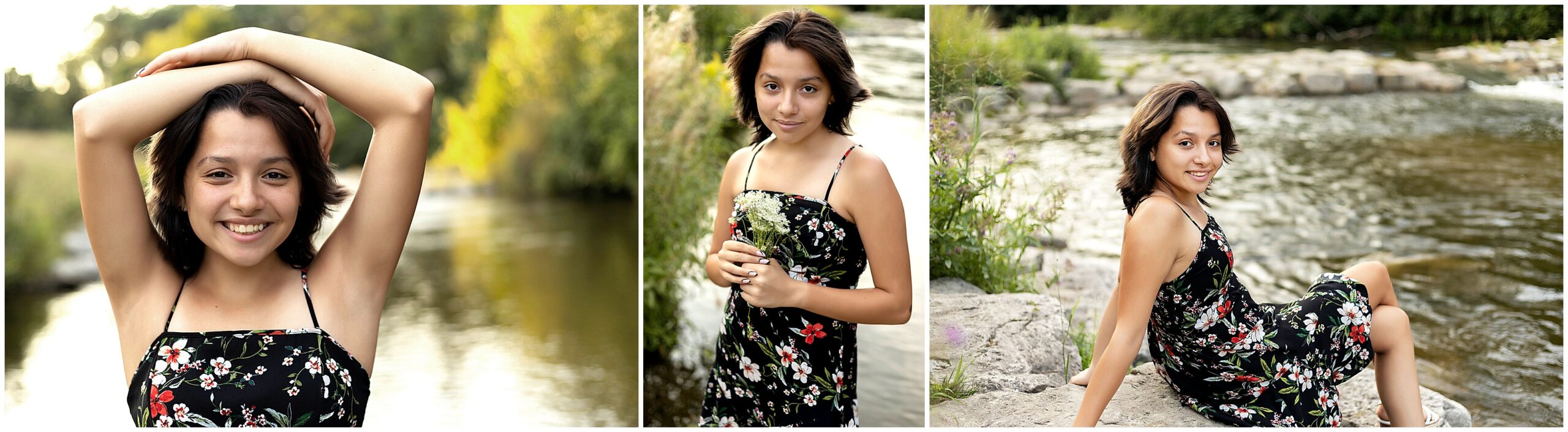 Senior girl with black hair in black floral dress in front of the Huron River in Argo Park. Ann Arbor summer session 