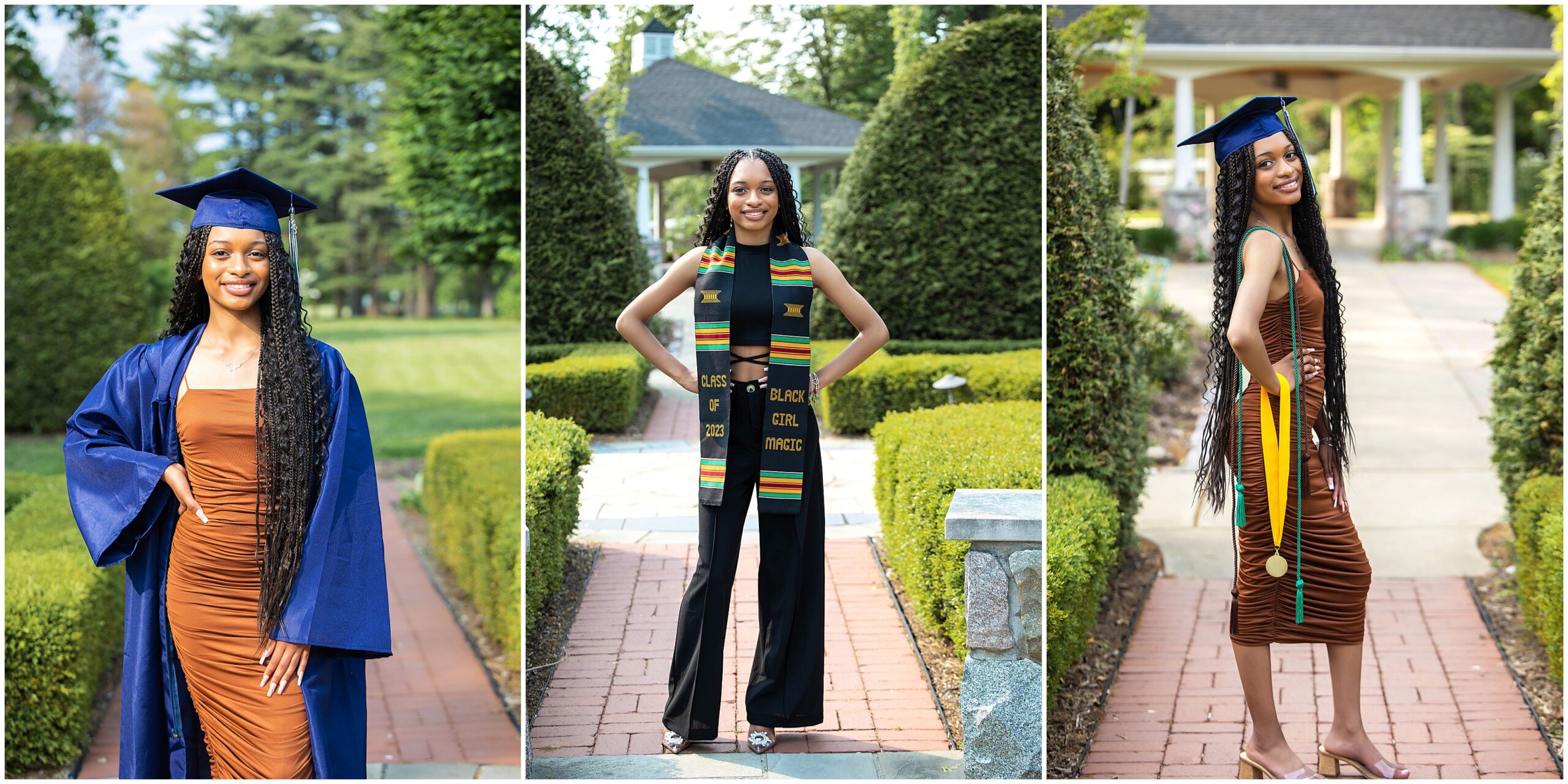 African American girl posing for senior pictures at Taylor Botanical Gardens.